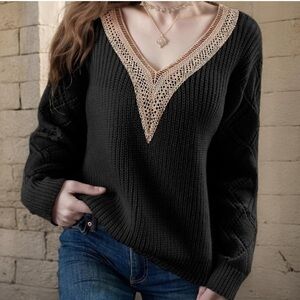 Elegant Black Sweater with Lace Detail
